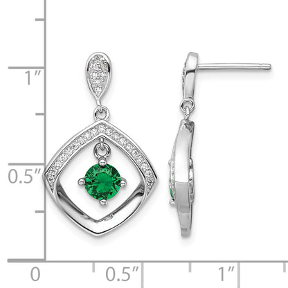 Sterling Silver RH-pltd Green Glass and Clear CZ Fancy Square Post Earrings