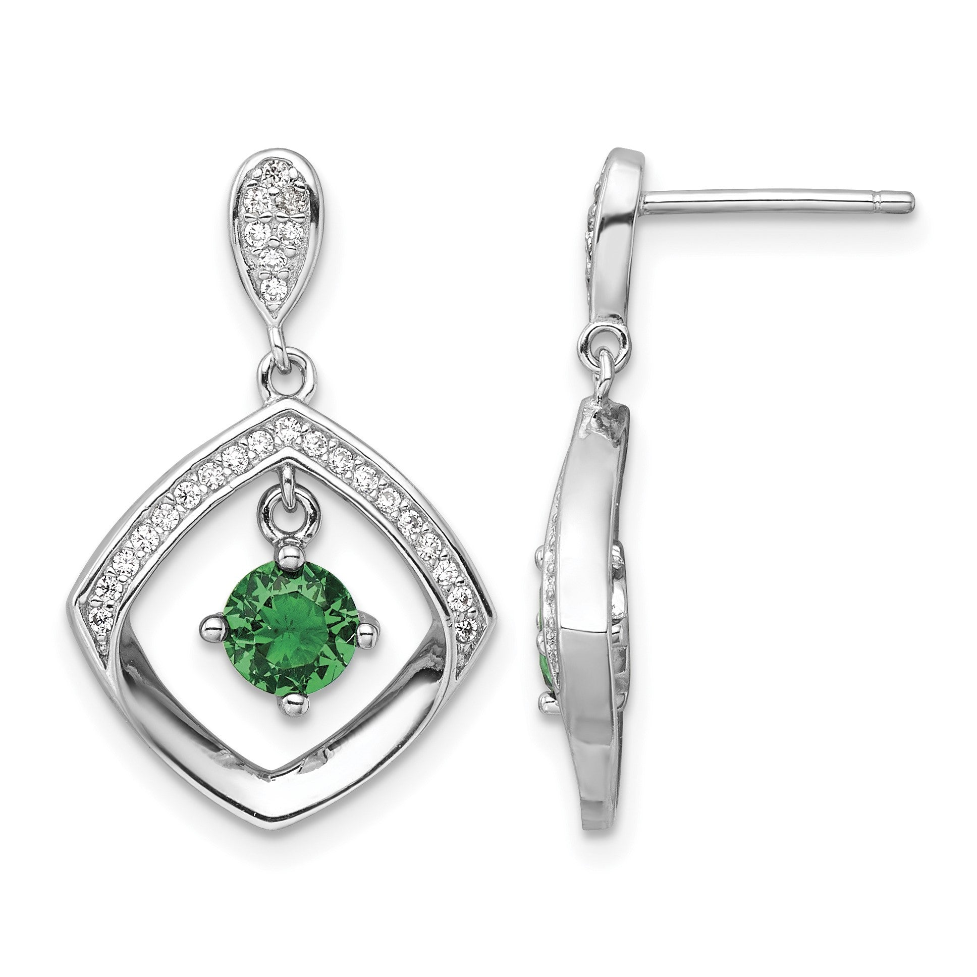 Sterling Silver RH-pltd Green Glass and Clear CZ Fancy Square Post Earrings