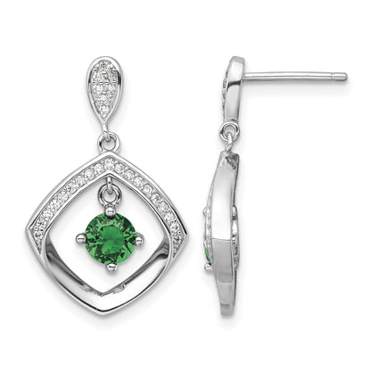 Sterling Silver RH-pltd Green Glass and Clear CZ Fancy Square Post Earrings
