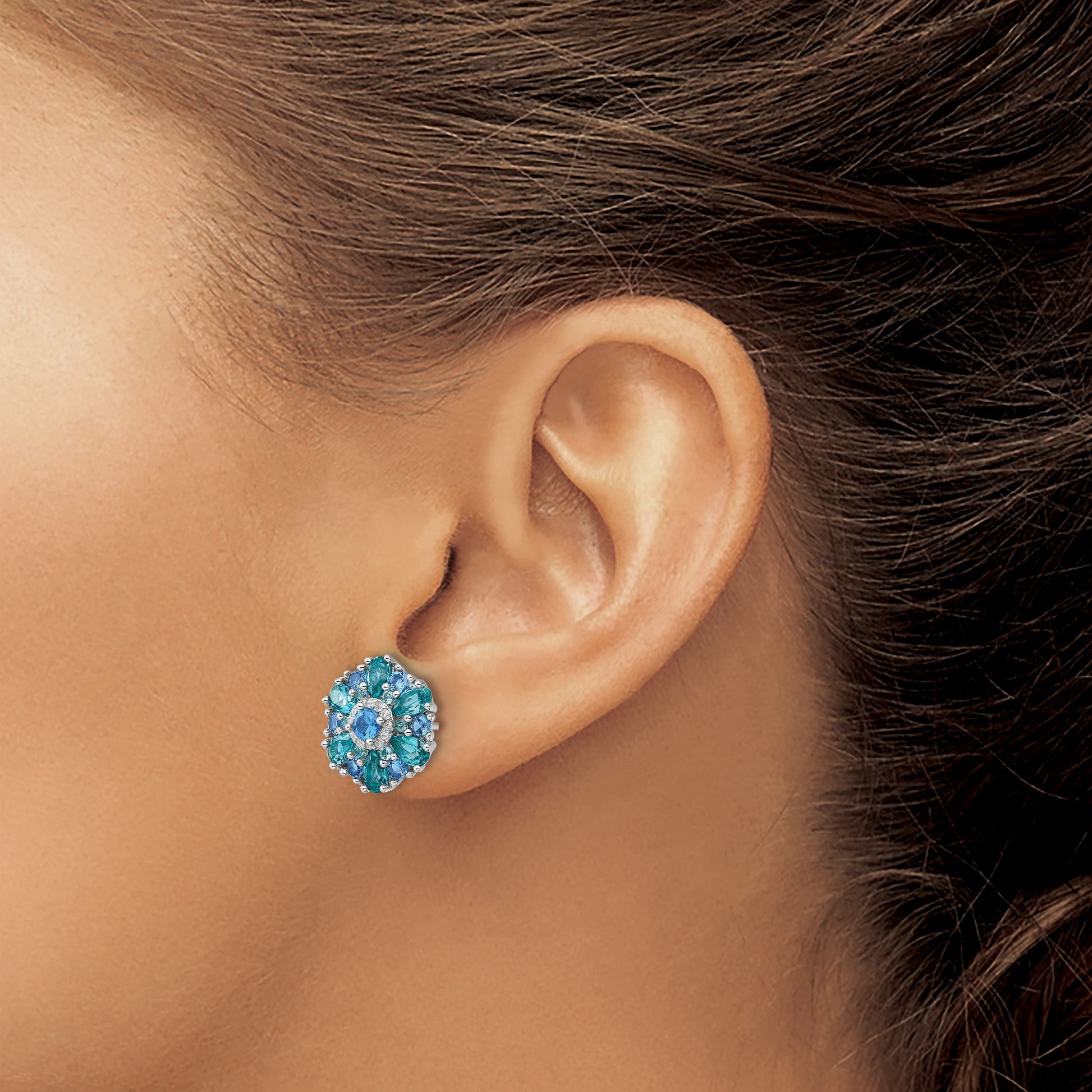 Sterling Silver Rh-pltd Blue/Green Nano Crystal and CZ Floral Post Earrings