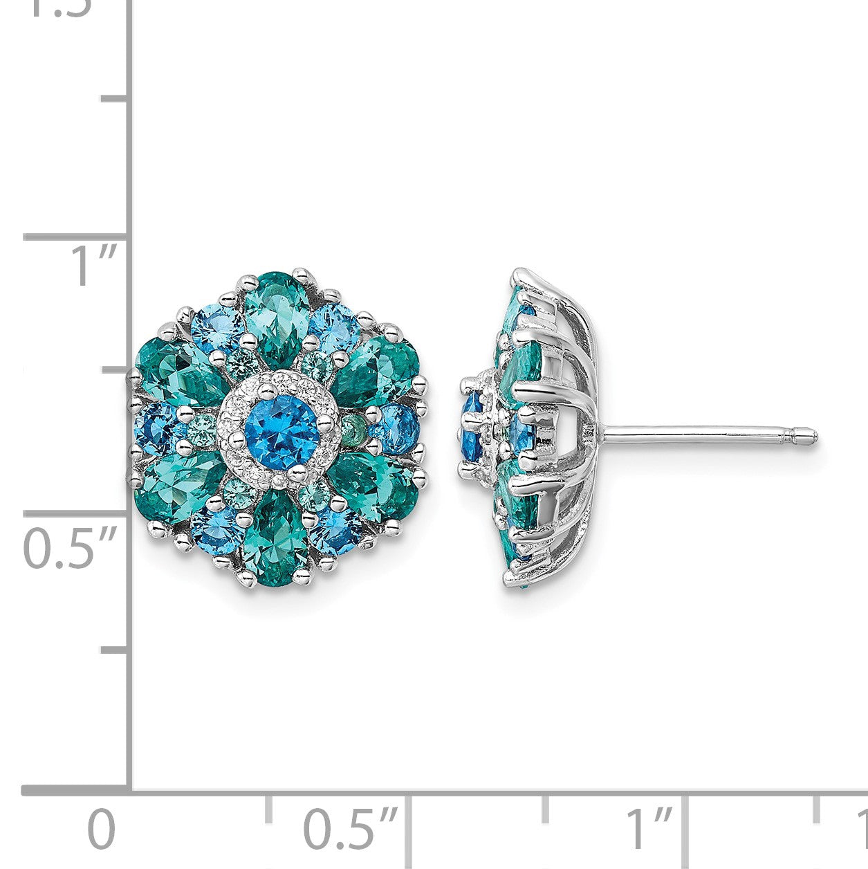 Sterling Silver Rh-pltd Blue/Green Nano Crystal and CZ Floral Post Earrings