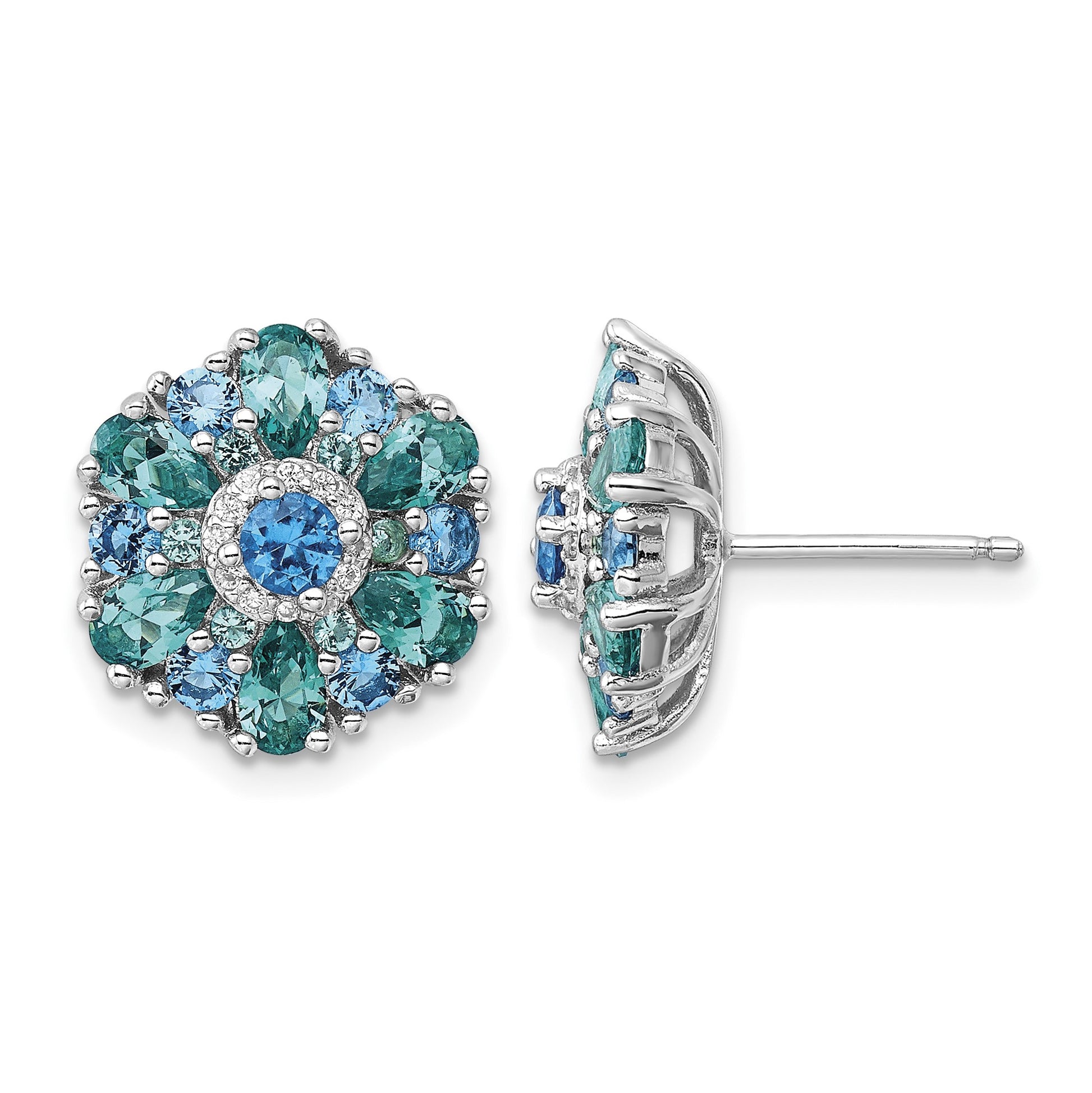 Sterling Silver Rh-pltd Blue/Green Nano Crystal and CZ Floral Post Earrings