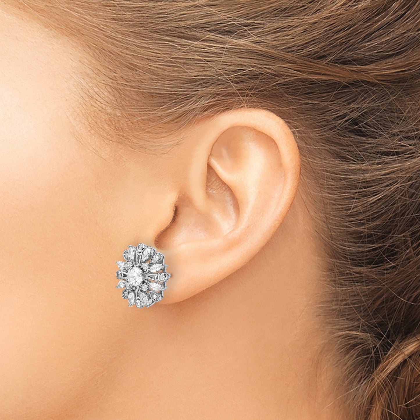 Sterling Silver Rhodium-plated CZ Floral Post Earrings
