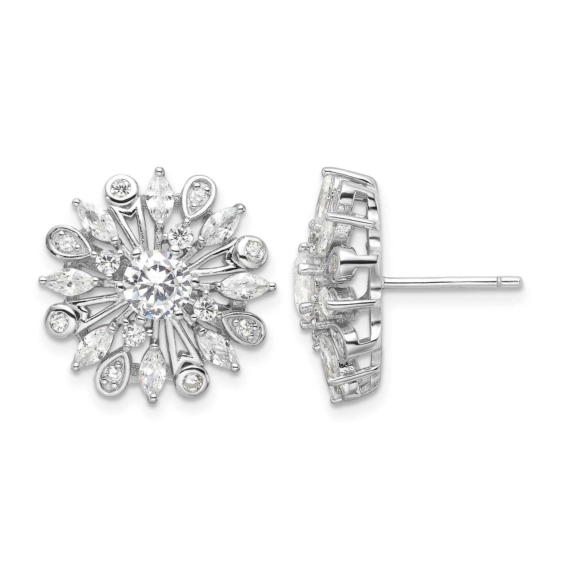 Sterling Silver Rhodium-plated CZ Floral Post Earrings