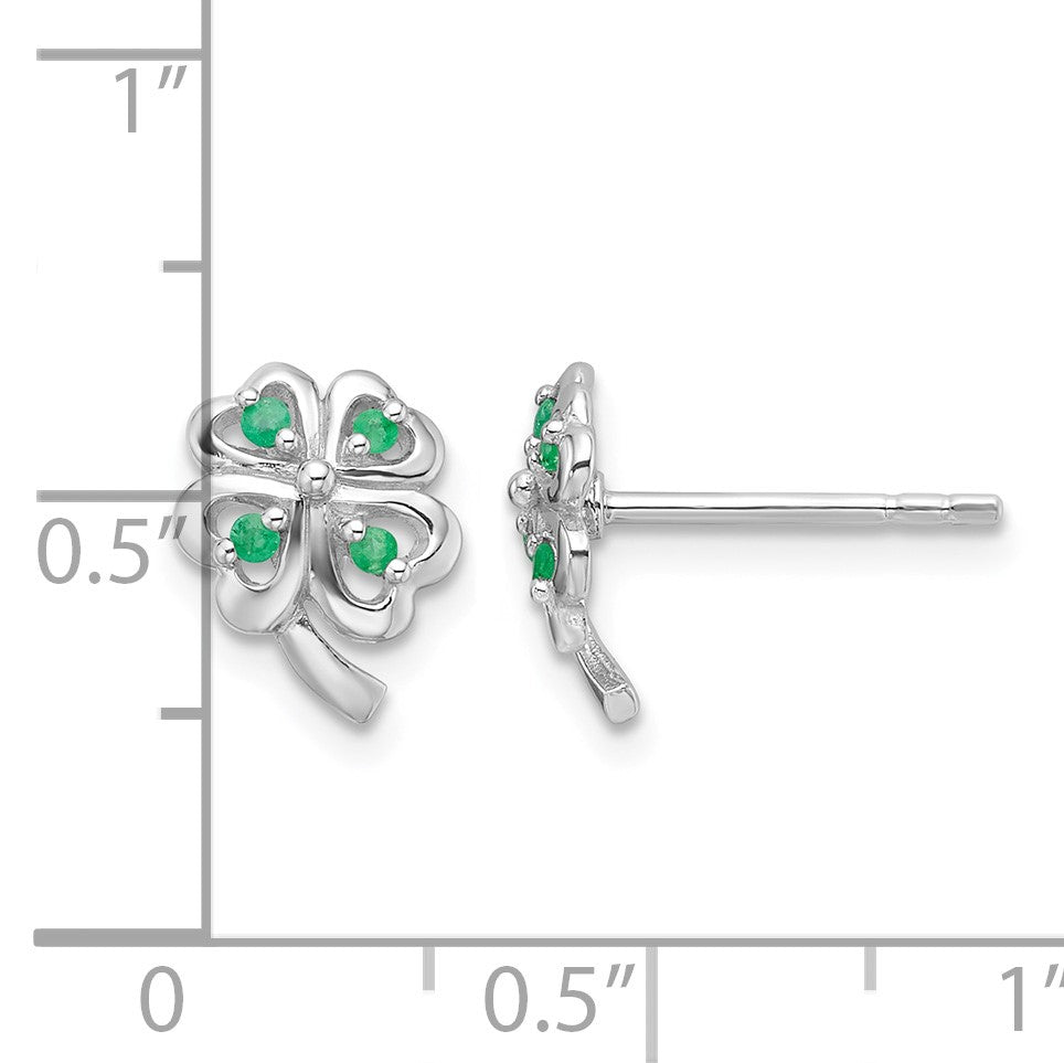Sterling Silver RH-plated Emerald Four Leaf Clover Post Earrings
