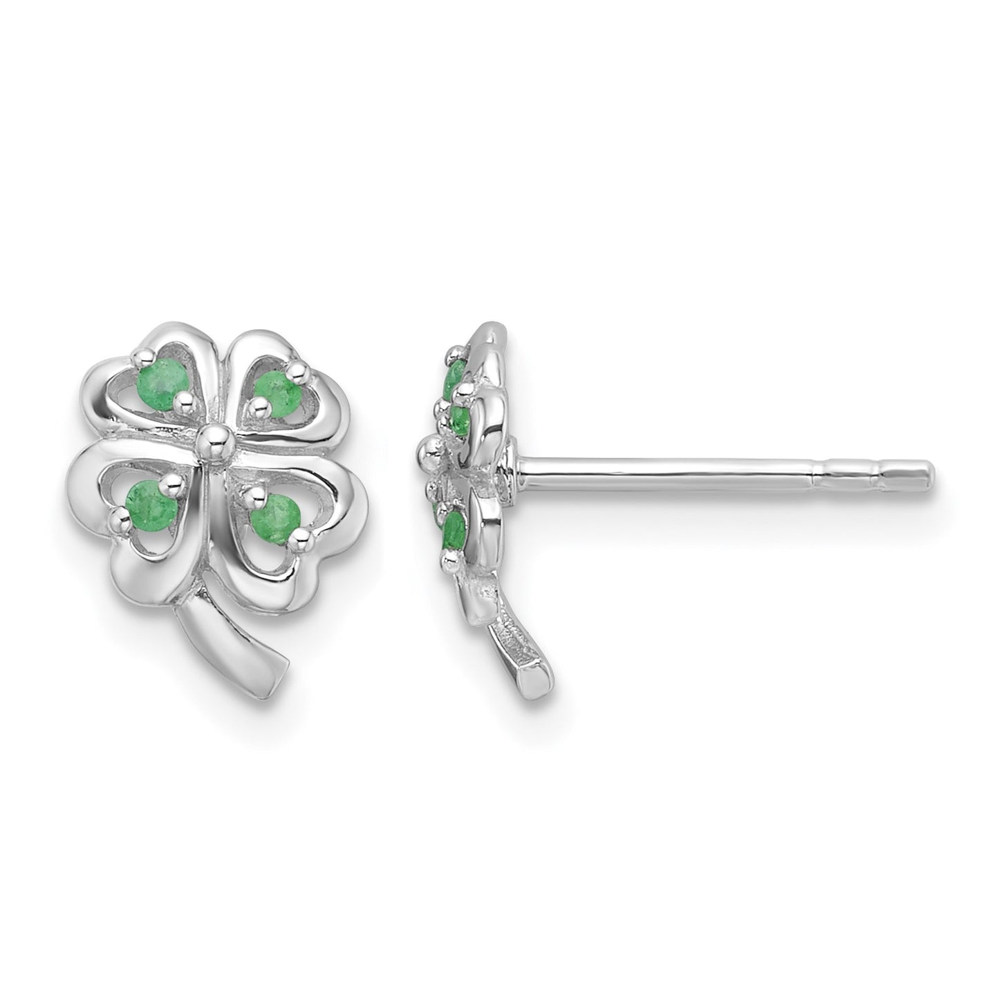 Sterling Silver RH-plated Emerald Four Leaf Clover Post Earrings