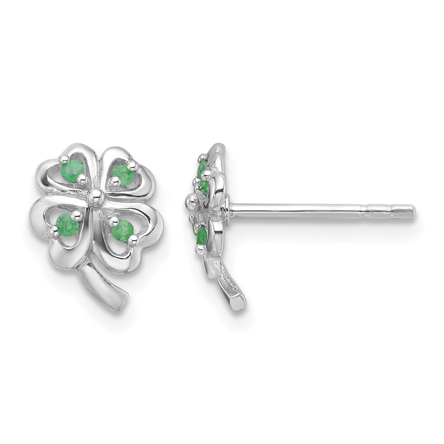 Sterling Silver RH-plated Emerald Four Leaf Clover Post Earrings