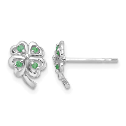 Sterling Silver RH-plated Emerald Four Leaf Clover Post Earrings