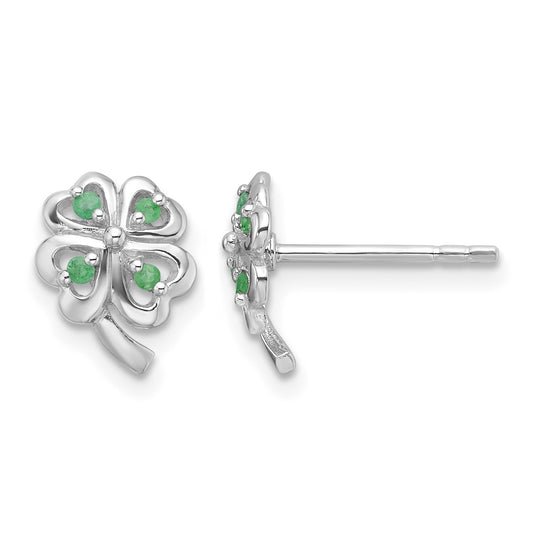 Sterling Silver RH-plated Emerald Four Leaf Clover Post Earrings