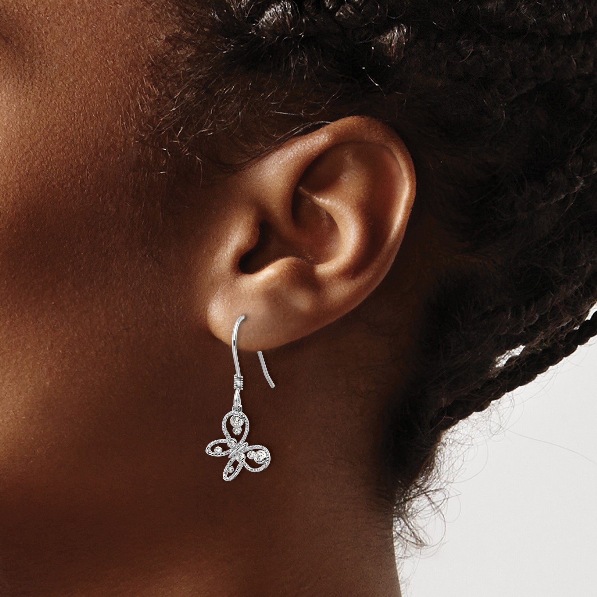 Sterling Silver Rhodium-plated CZ Butterfly Shepherd Hook Earrings