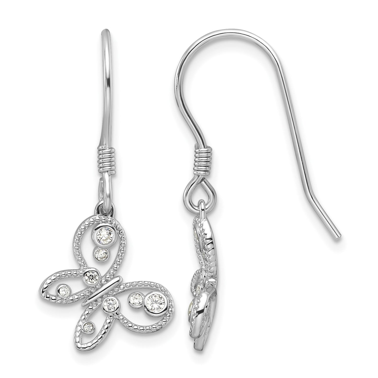 Sterling Silver Rhodium-plated CZ Butterfly Shepherd Hook Earrings