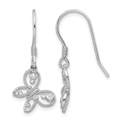 Sterling Silver Rhodium-plated CZ Butterfly Shepherd Hook Earrings
