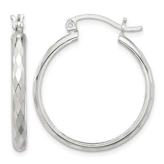 Sterling Silver Polished Textured Hoop Earrings