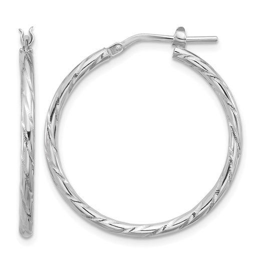 Sterling Silver Rhodium-plated Polished Diamond-cut 2.00mm Hoop Earrings