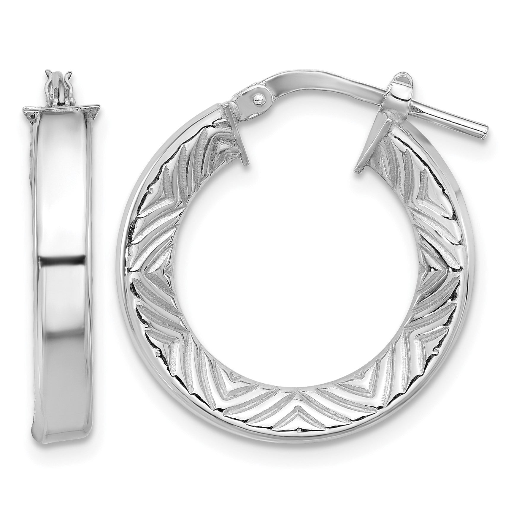 Sterling Silver Rhodium-plated Polished and Textured Hoop Earrings