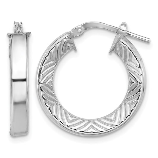 Sterling Silver Rhodium-plated Polished and Textured Hoop Earrings