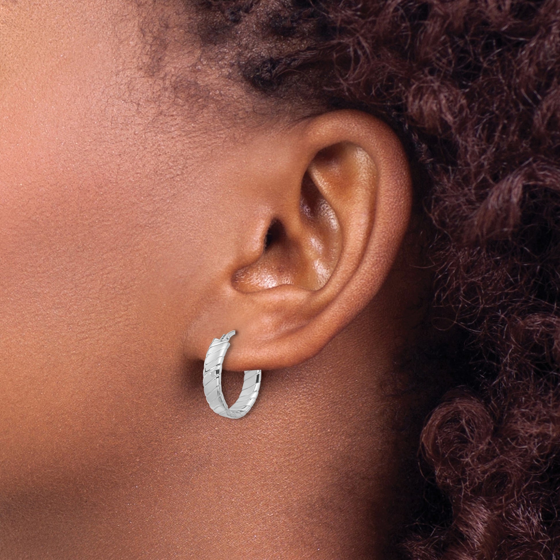 Sterling Silver Rhodium-plated Polished and Textured Hoop Earrings