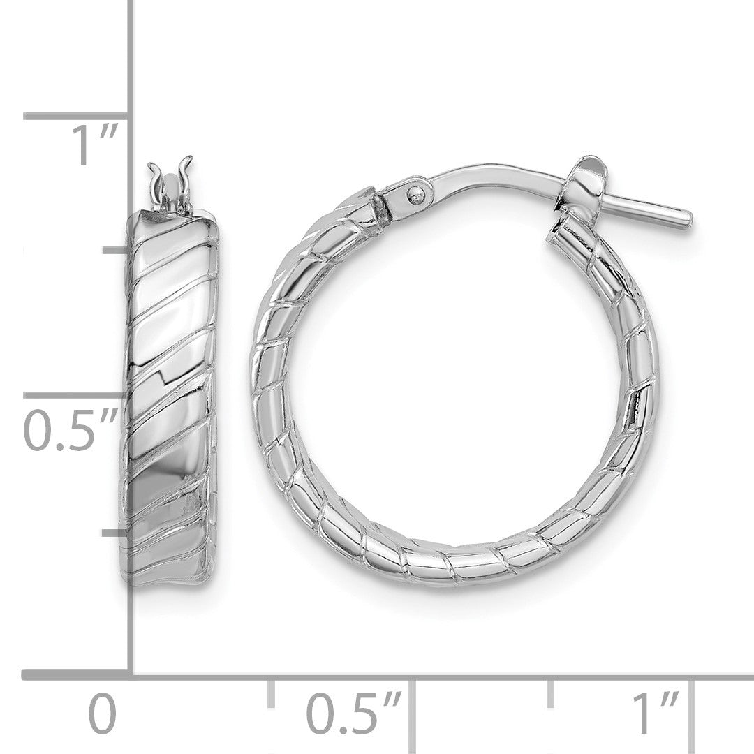 Sterling Silver Rhodium-plated Polished and Textured Hoop Earrings