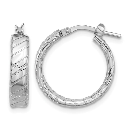 Sterling Silver Rhodium-plated Polished and Textured Hoop Earrings