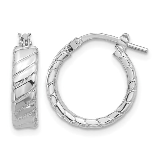 Sterling Silver Rhodium-plated Polished and Textured Hoop Earrings