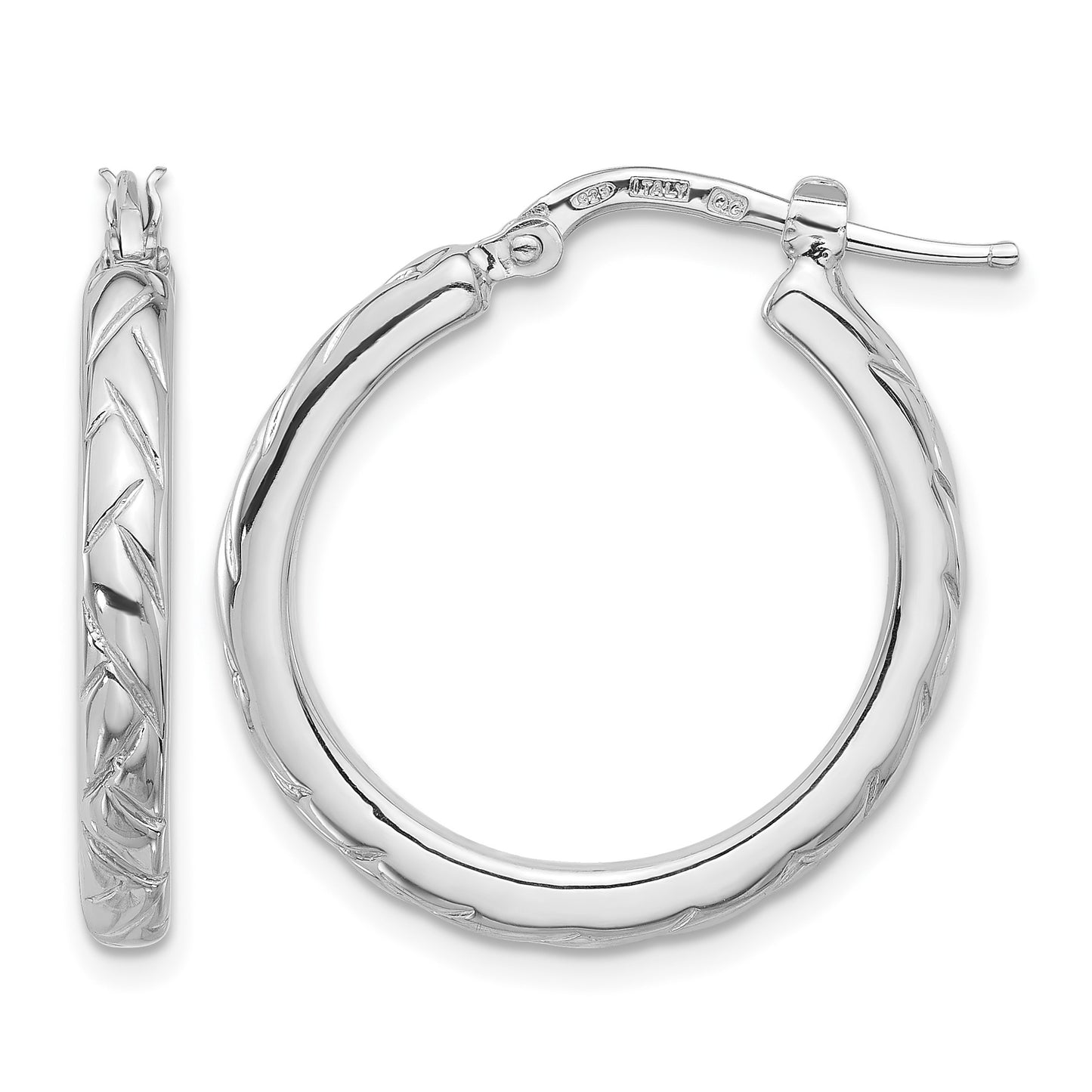 Sterling Silver Rhodium-plated Polished and Textured Hoop Earrings