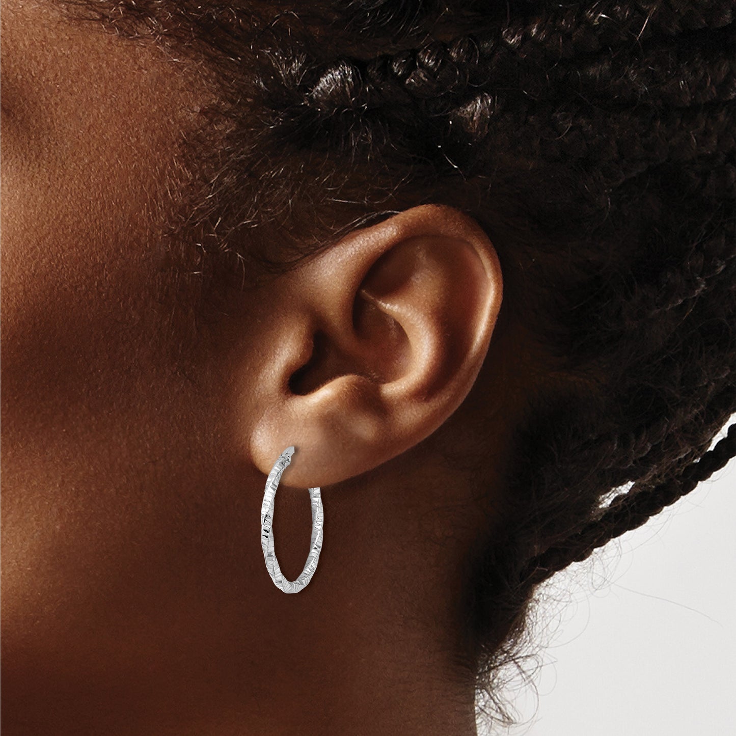 Sterling Silver Rhodium-plated Polished Diamond-cut Twist 2mm Hoop Earrings
