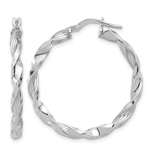 Sterling Silver Rhodium-plated Polished & Textured Twisted Hoop Earrings