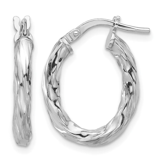 Sterling Silver Rh-plated Polished and Textured Twisted Oval Hoop Earrings