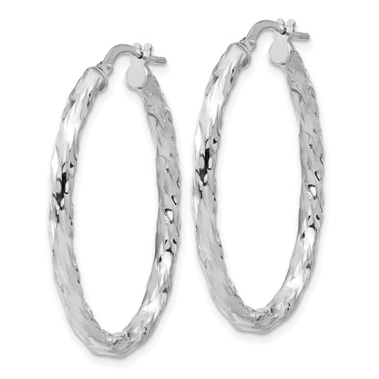 Sterling Silver Rh-plated Polished and Textured Twisted Oval Hoop Earrings