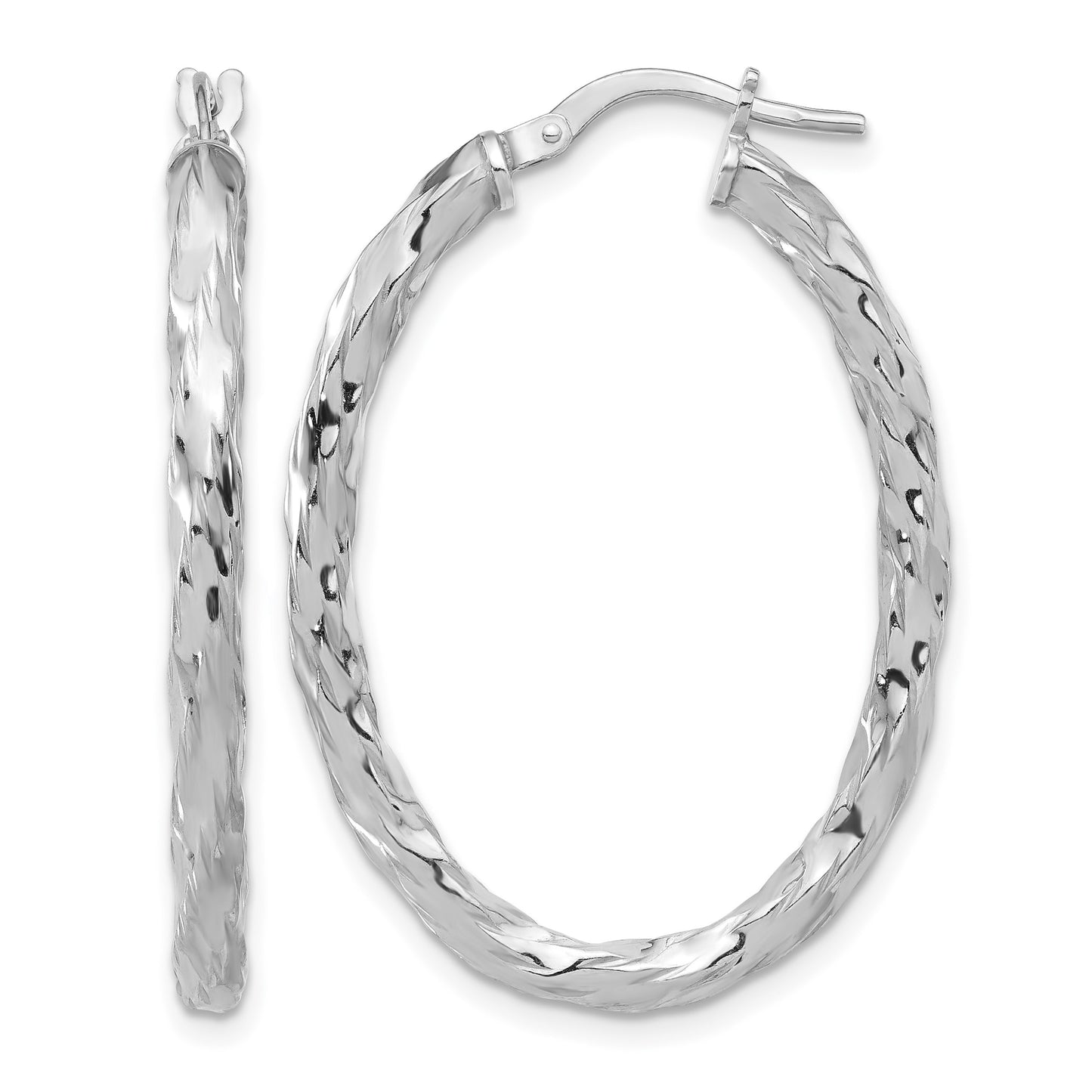 Sterling Silver Rh-plated Polished and Textured Twisted Oval Hoop Earrings