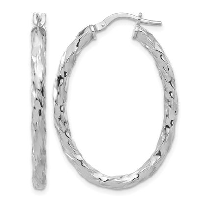 Sterling Silver Rh-plated Polished and Textured Twisted Oval Hoop Earrings