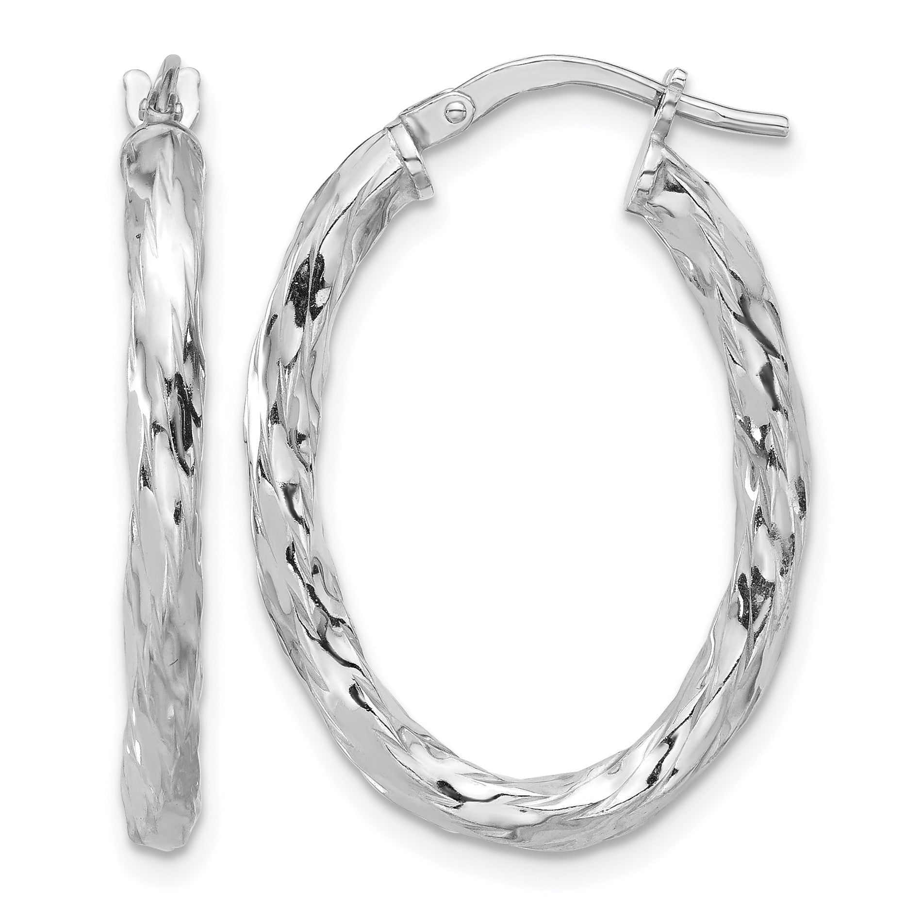 Sterling Silver Rh-plated Polished and Textured Twisted Oval Hoop Earrings