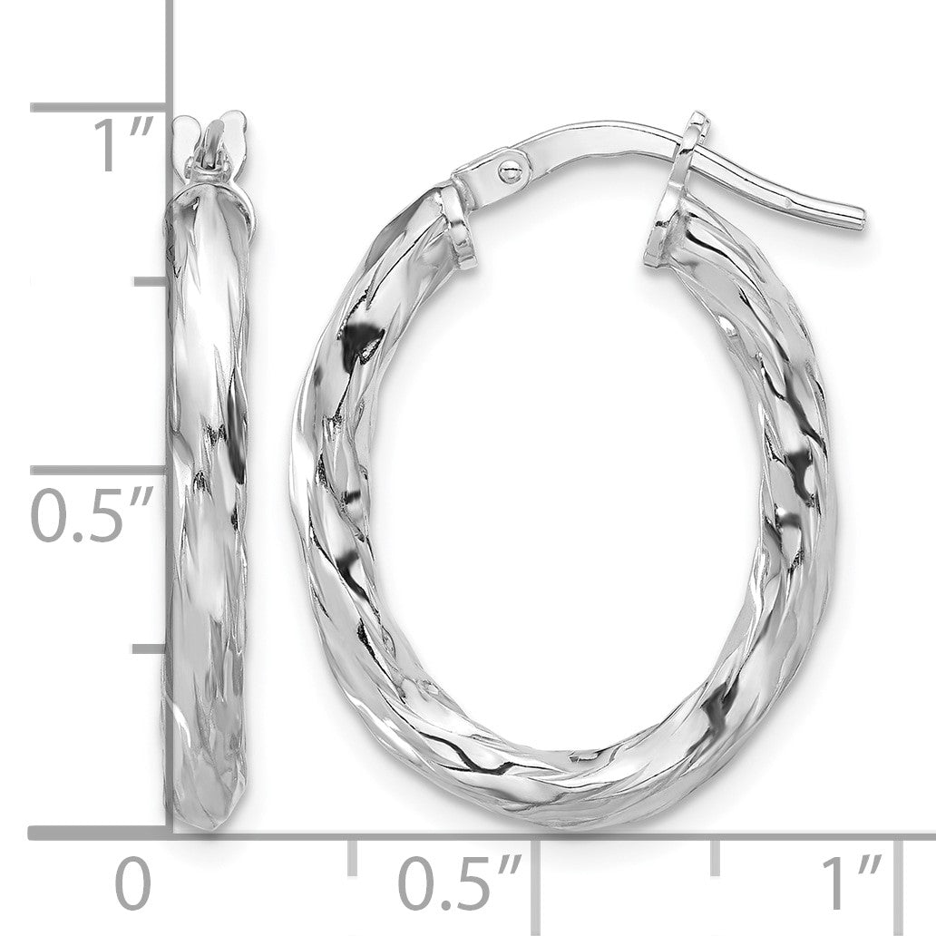 Sterling Silver Rh-plated Polished and Textured Twisted Oval Hoop Earrings