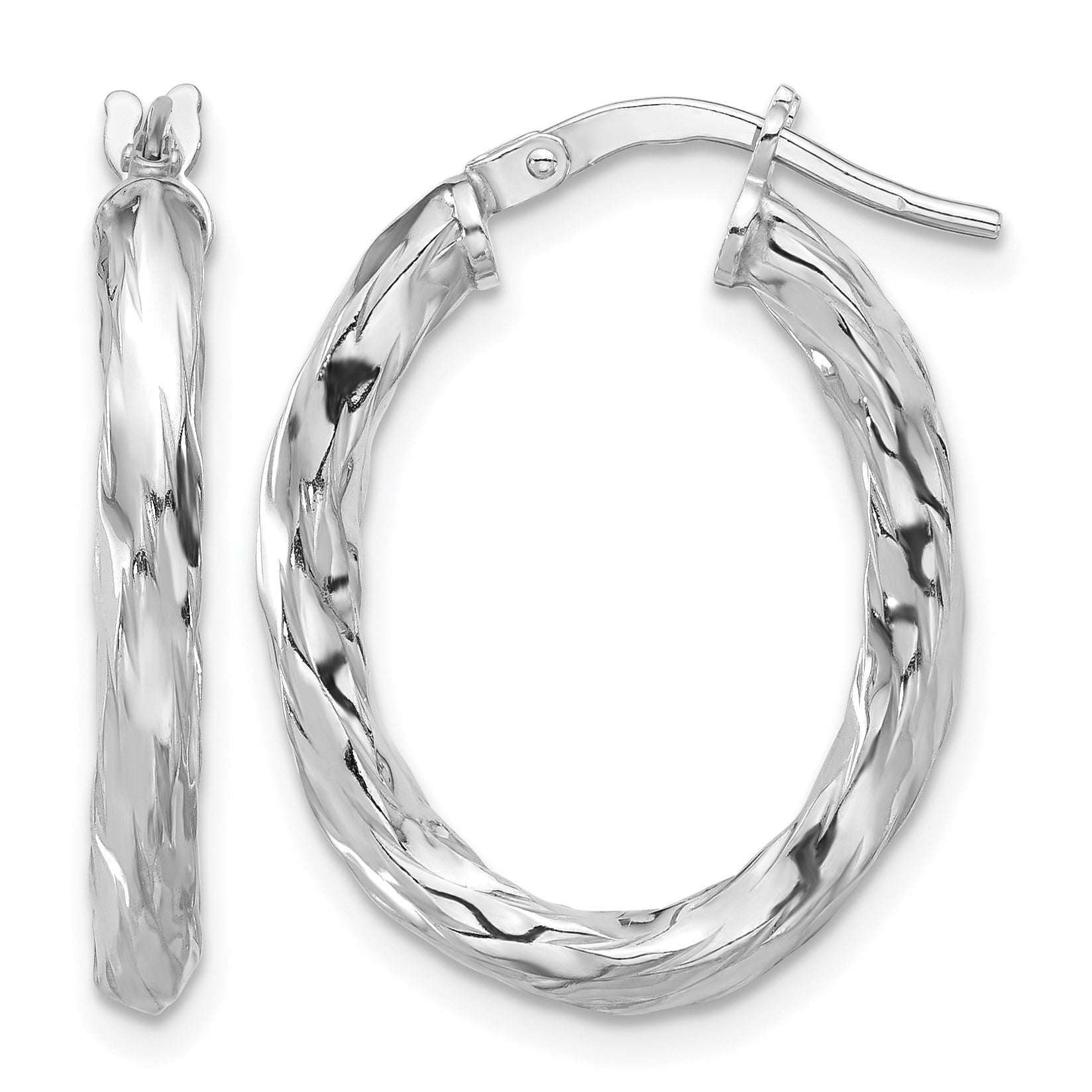 Sterling Silver Rh-plated Polished and Textured Twisted Oval Hoop Earrings