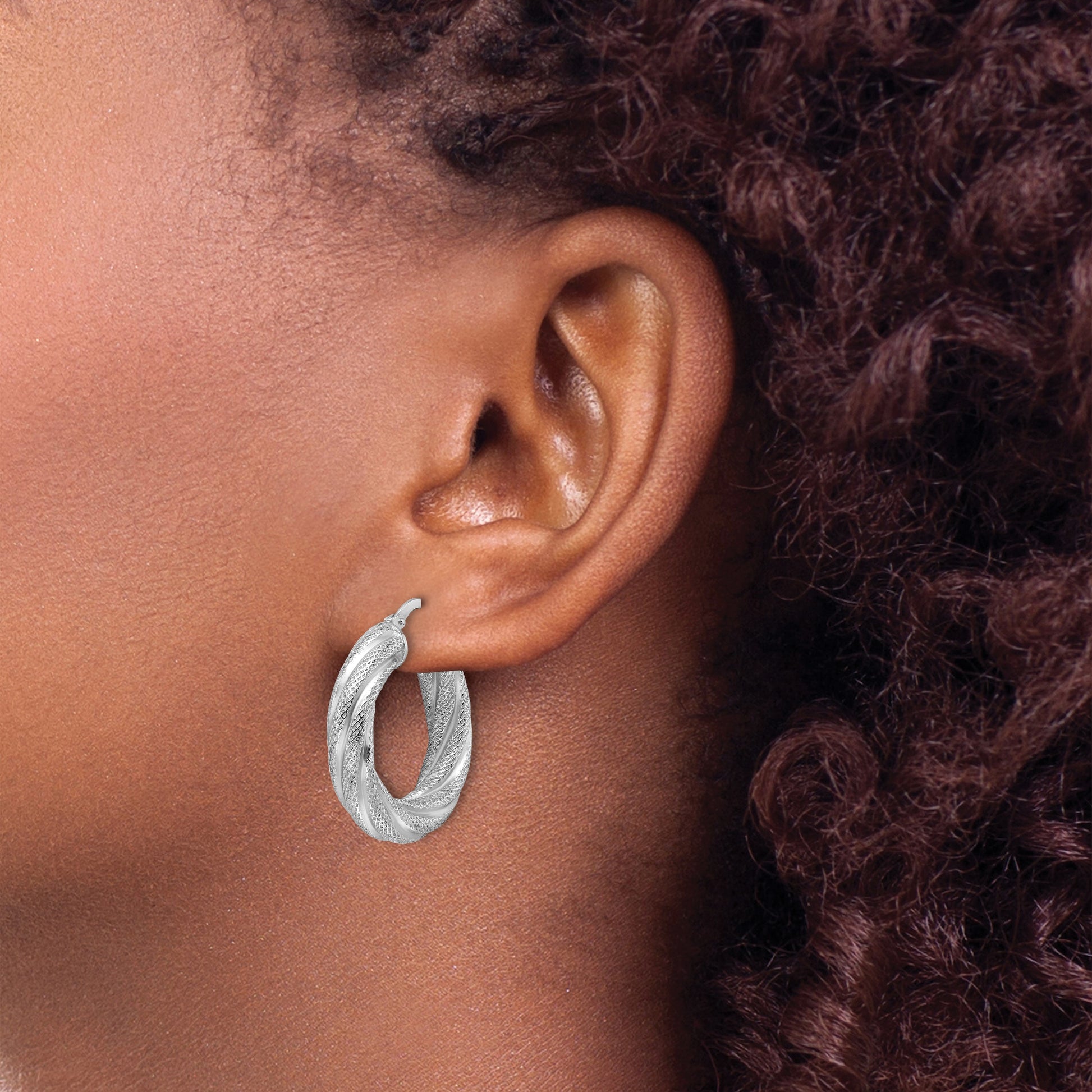 Sterling Silver Rhod-plated  5mm Textured Twisted Hoop Earrings
