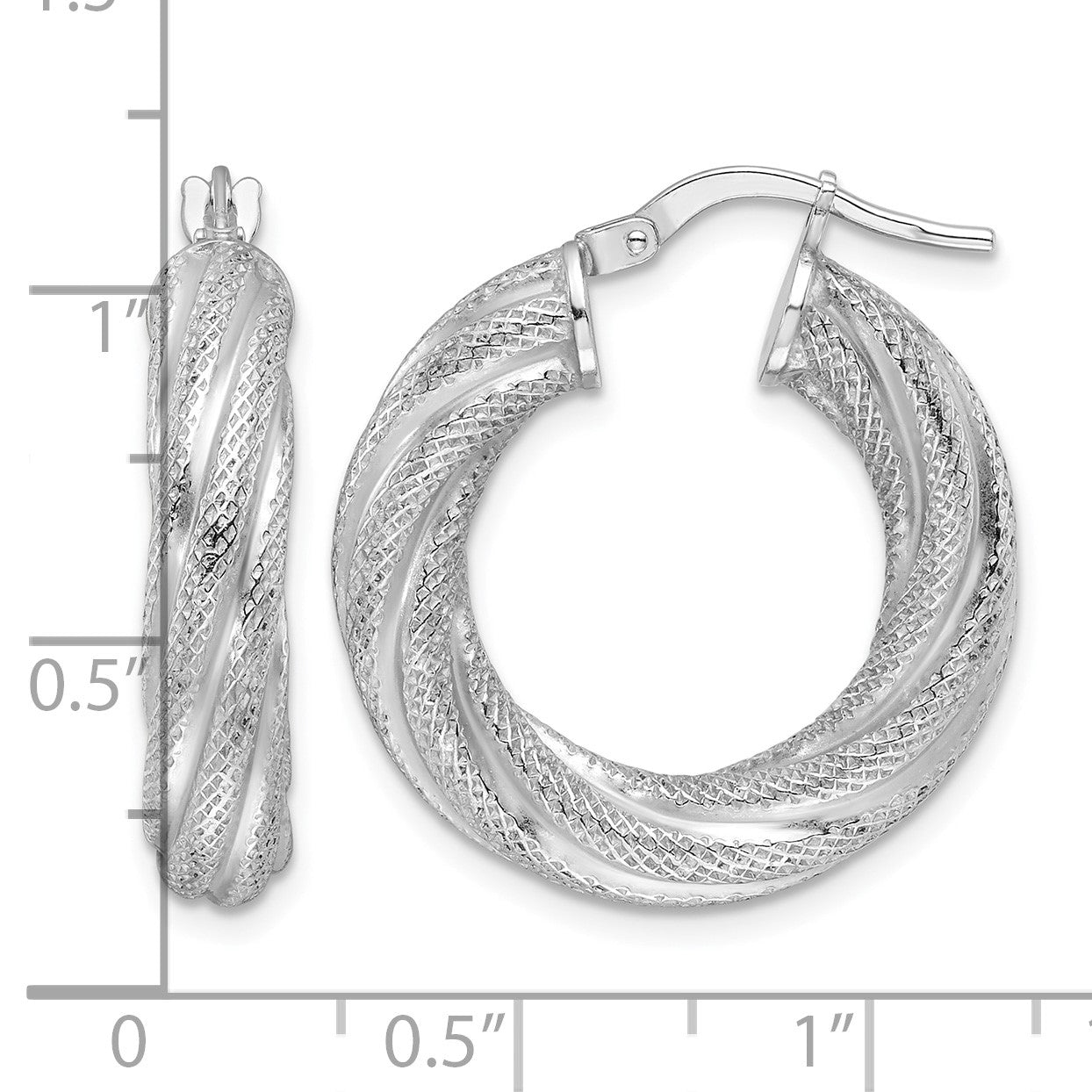 Sterling Silver Rhod-plated  5mm Textured Twisted Hoop Earrings