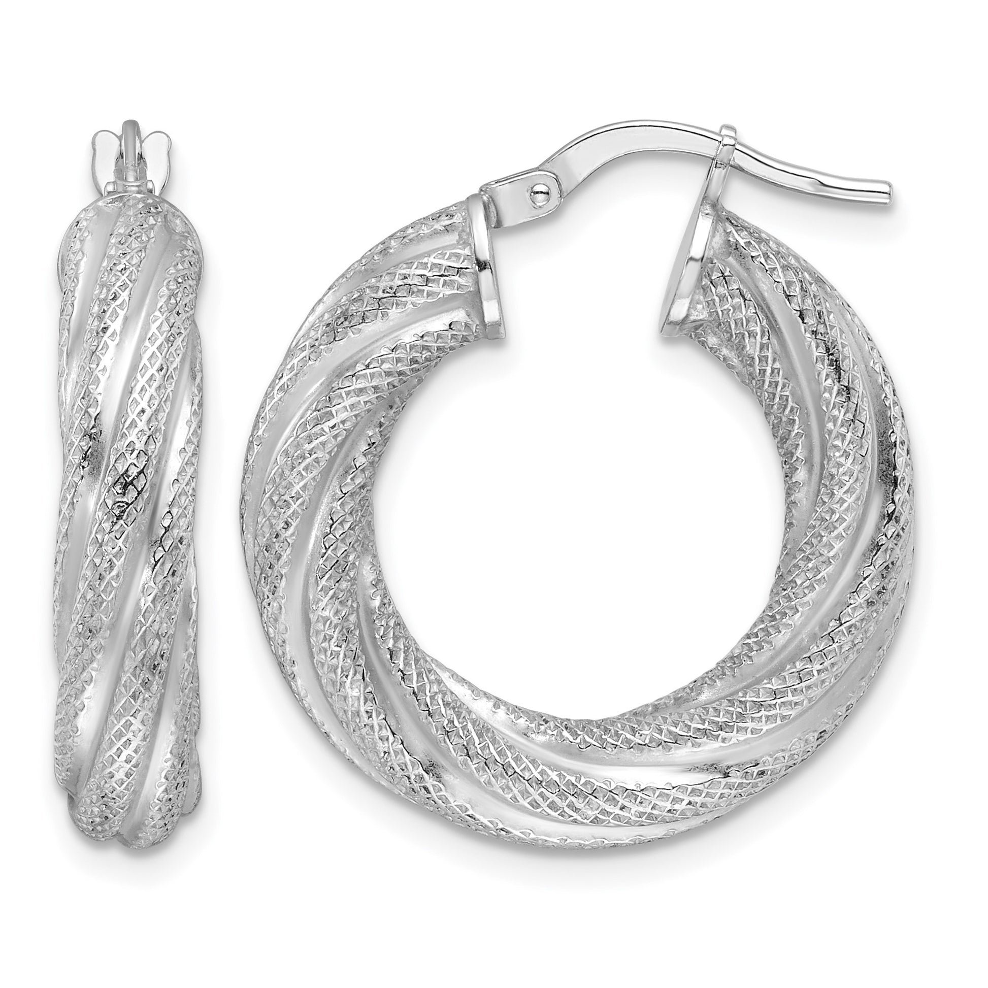 Sterling Silver Rhod-plated  5mm Textured Twisted Hoop Earrings