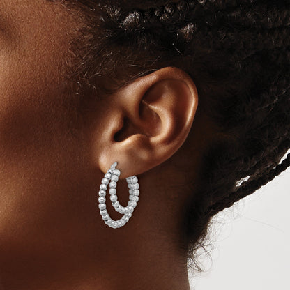 Sterling Silver Rhod-plated D/C Beaded Double Hoop Earrings