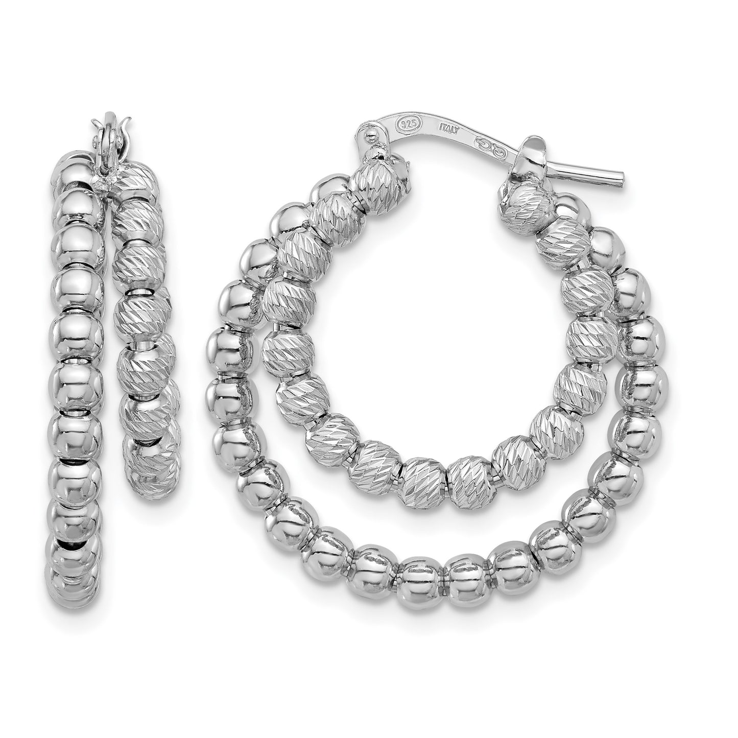 Sterling Silver Rhod-plated D/C Beaded Double Hoop Earrings