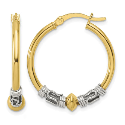Sterling Silver Gold-tone Polished Antiqued Beaded Hoop Earrings