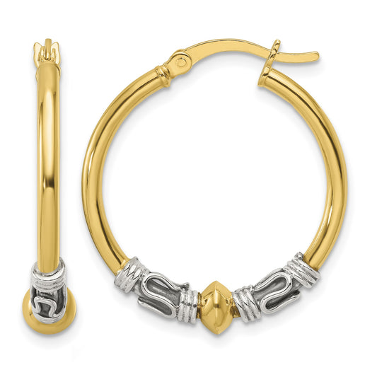 Sterling Silver Gold-tone Polished Antiqued Beaded Hoop Earrings