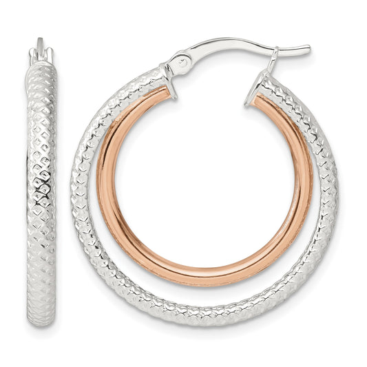 Sterling Silver and Rose-tone Double Circle Hoop Earrings