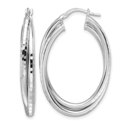 Sterling Silver Rhodium-plated Polished Diamond-cut Hoop Earrings