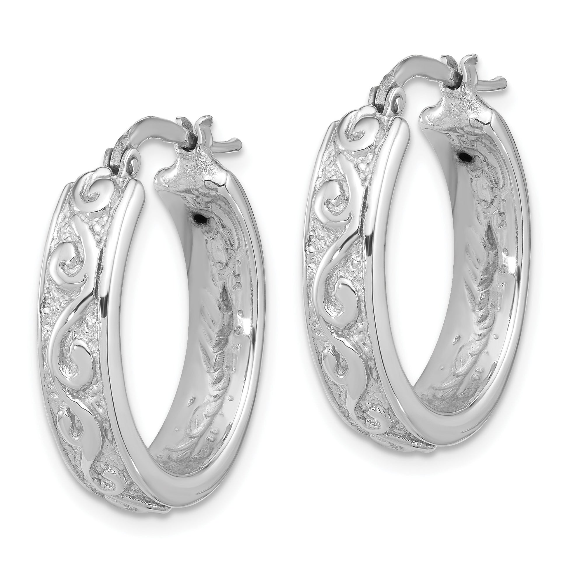 Sterling Silver Rhod-plated Polished and Textured Round Hoop Earrings