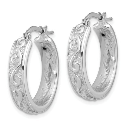 Sterling Silver Rhod-plated Polished and Textured Round Hoop Earrings