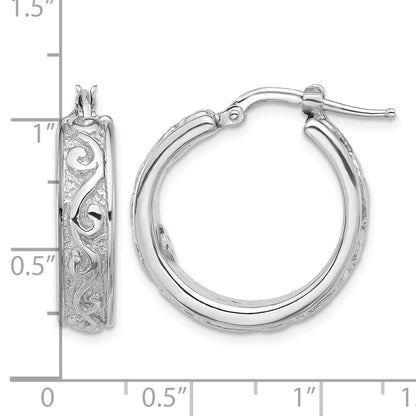 Sterling Silver Rhod-plated Polished and Textured Round Hoop Earrings