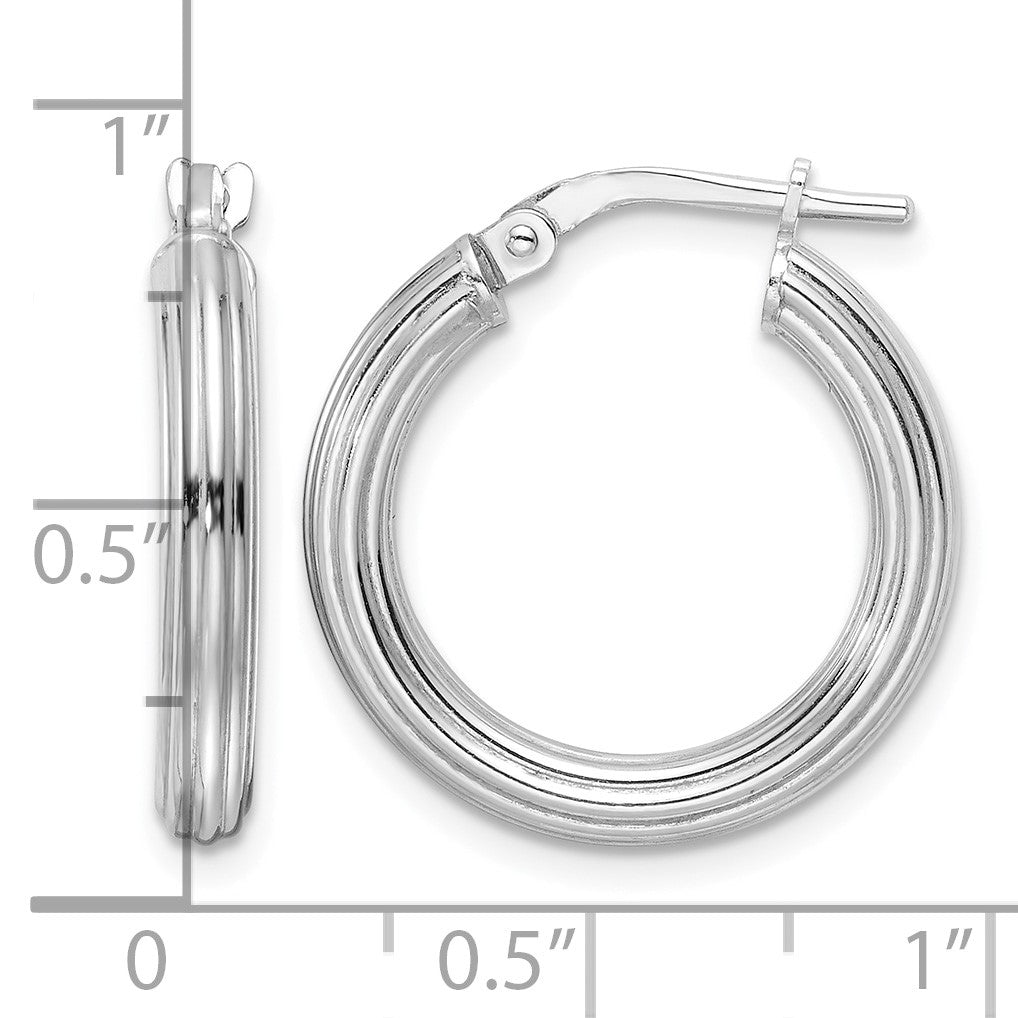Sterling Silver RH-plated Polished Ridged 3mm Round Hoop Earrings