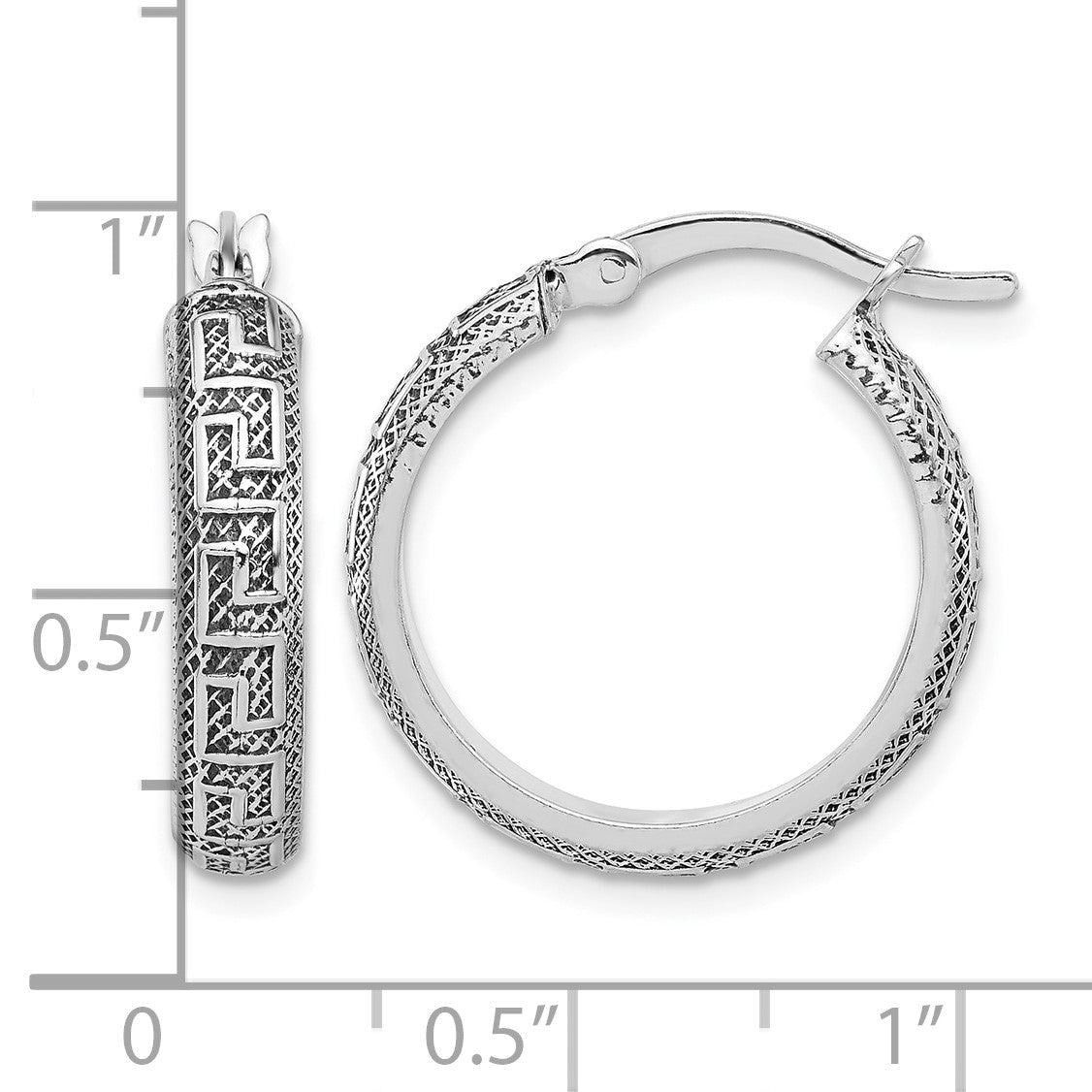 Sterling Silver Antiqued/Textured Greek Key SM Round Hoop Earrings