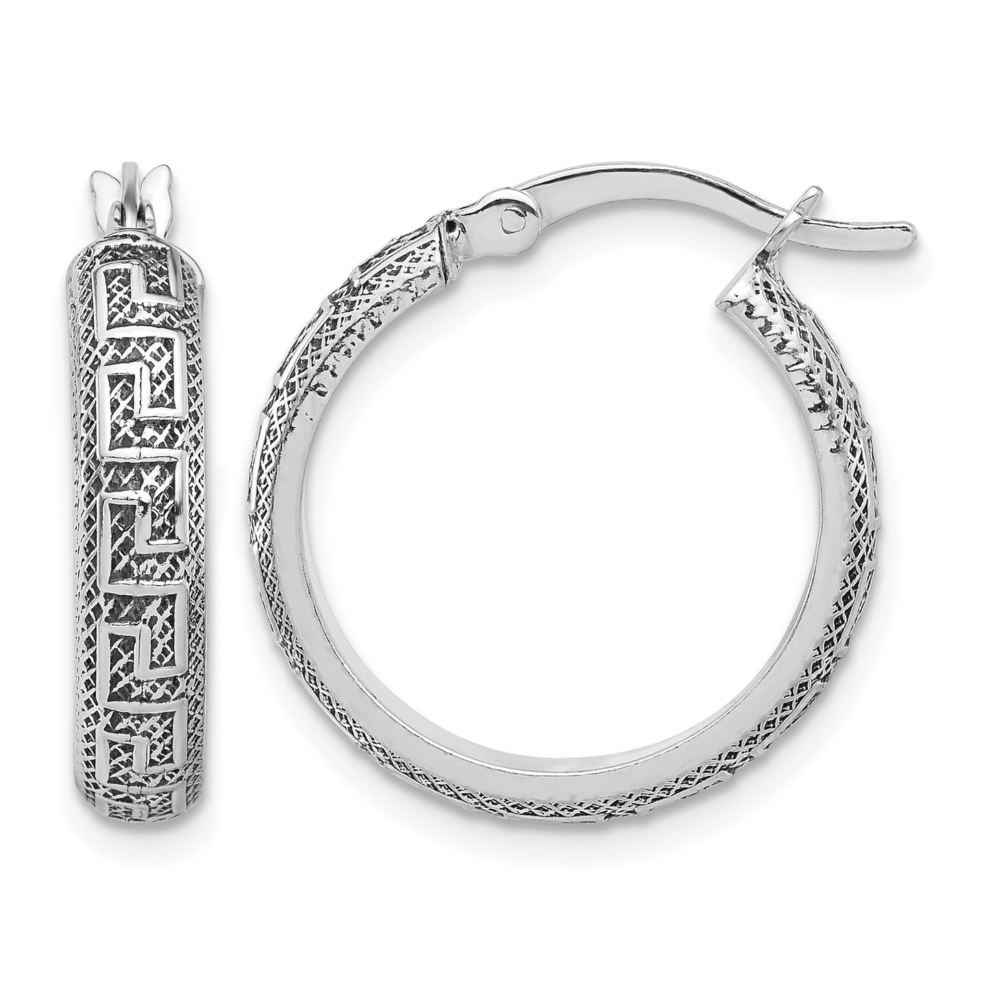 Sterling Silver Antiqued/Textured Greek Key SM Round Hoop Earrings