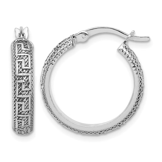 Sterling Silver Antiqued/Textured Greek Key SM Round Hoop Earrings